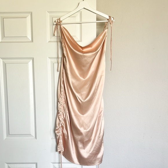 NWT LEAU Satin Champagne Drawstring Mini Dress - Picture 2 of 8